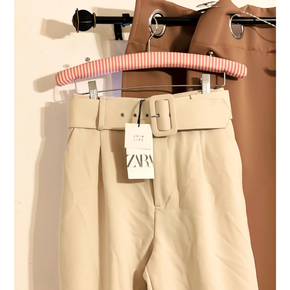 ZARA Beige Belted High Waist Tapered Trouser Pants - Picture 8 of 9